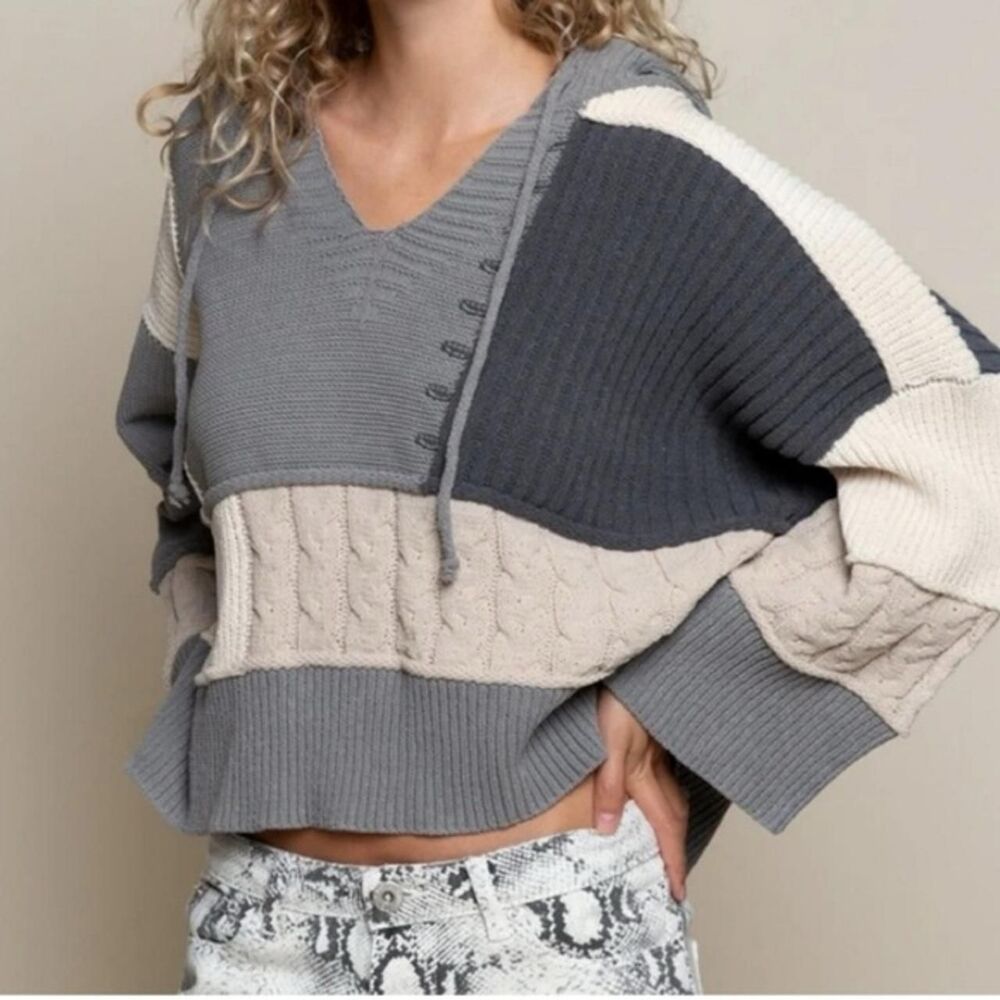 Lagenlook Pol boho Womens large gray colorblock fairy grunge hooded sweater fall